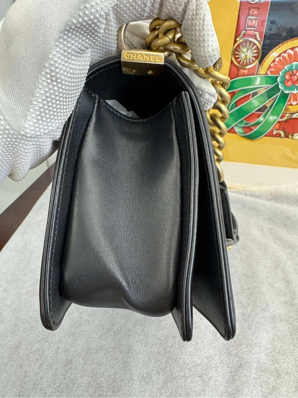 CHANEL Black Chevron Lambskin LeBoy Shoulder Bag with Gold Hardware